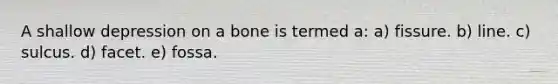 A shallow depression on a bone is termed a: a) fissure. b) line. c) sulcus. d) facet. e) fossa.