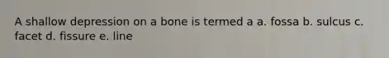 A shallow depression on a bone is termed a a. fossa b. sulcus c. facet d. fissure e. line