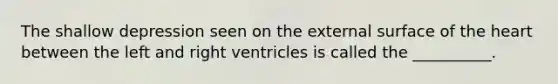 The shallow depression seen on the external surface of the heart between the left and right ventricles is called the __________.