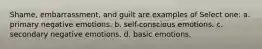 Shame, embarrassment, and guilt are examples of Select one: a. primary negative emotions. b. self-conscious emotions. c. secondary negative emotions. d. basic emotions.