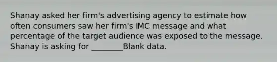 Shanay asked her firm's advertising agency to estimate how often consumers saw her firm's IMC message and what percentage of the target audience was exposed to the message. Shanay is asking for ________Blank data.