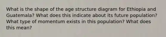 What is the shape of the age structure diagram for Ethiopia and Guatemala? What does this indicate about its future population? What type of momentum exists in this population? What does this mean?