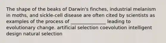 The shape of the beaks of Darwin's finches, industrial melanism in moths, and sickle-cell disease are often cited by scientists as examples of the process of _______________ leading to evolutionary change. artificial selection coevolution intelligent design natural selection