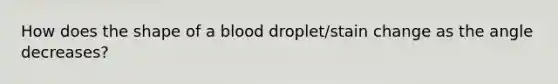 How does the shape of a blood droplet/stain change as the angle decreases?