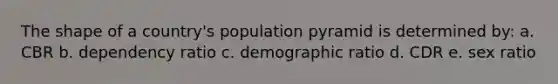 The shape of a country's population pyramid is determined by: a. CBR b. dependency ratio c. demographic ratio d. CDR e. sex ratio