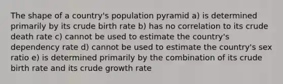 The shape of a country's population pyramid a) is determined primarily by its crude birth rate b) has no correlation to its crude death rate c) cannot be used to estimate the country's dependency rate d) cannot be used to estimate the country's sex ratio e) is determined primarily by the combination of its crude birth rate and its crude growth rate