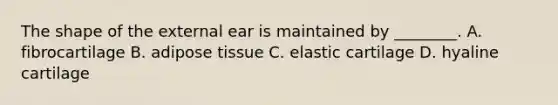 The shape of the external ear is maintained by ________. A. fibrocartilage B. adipose tissue C. elastic cartilage D. hyaline cartilage