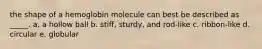 the shape of a hemoglobin molecule can best be described as _____. a. a hollow ball b. stiff, sturdy, and rod-like c. ribbon-like d. circular e. globular