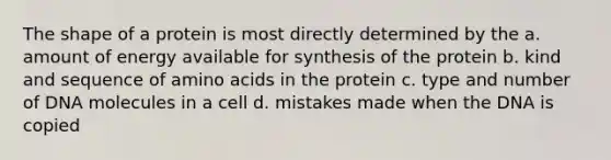 The shape of a protein is most directly determined by the a. amount of energy available for synthesis of the protein b. kind and sequence of amino acids in the protein c. type and number of DNA molecules in a cell d. mistakes made when the DNA is copied