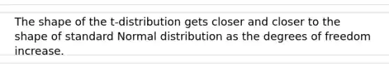 The shape of the t-distribution gets closer and closer to the shape of standard Normal distribution as the degrees of freedom increase.