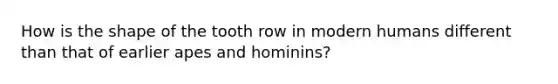 How is the shape of the tooth row in modern humans different than that of earlier apes and hominins?