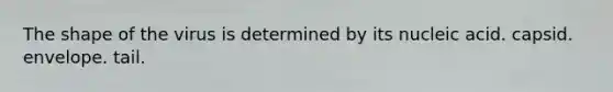 The shape of the virus is determined by its nucleic acid. capsid. envelope. tail.