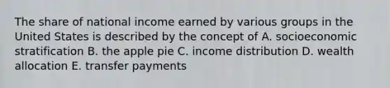 The share of national income earned by various groups in the United States is described by the concept of A. socioeconomic stratification B. the apple pie C. income distribution D. wealth allocation E. transfer payments