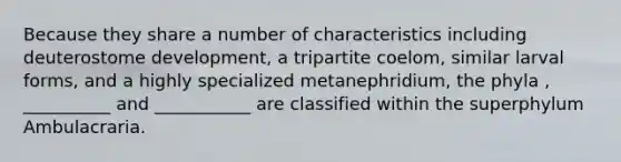 Because they share a number of characteristics including deuterostome development, a tripartite coelom, similar larval forms, and a highly specialized metanephridium, the phyla , __________ and ___________ are classified within the superphylum Ambulacraria.
