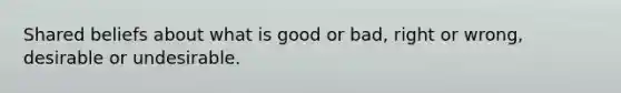 Shared beliefs about what is good or bad, right or wrong, desirable or undesirable.