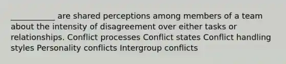 ___________ are shared perceptions among members of a team about the intensity of disagreement over either tasks or relationships. Conflict processes Conflict states Conflict handling styles Personality conflicts Intergroup conflicts