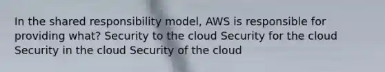 In the shared responsibility model, AWS is responsible for providing what? Security to the cloud Security for the cloud Security in the cloud Security of the cloud