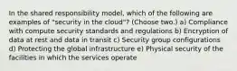 In the shared responsibility model, which of the following are examples of "security in the cloud"? (Choose two.) a) Compliance with compute security standards and regulations b) Encryption of data at rest and data in transit c) Security group configurations d) Protecting the global infrastructure e) Physical security of the facilities in which the services operate