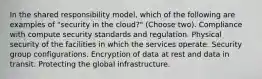 In the shared responsibility model, which of the following are examples of "security in the cloud?" (Choose two). Compliance with compute security standards and regulation. Physical security of the facilities in which the services operate. Security group configurations. Encryption of data at rest and data in transit. Protecting the global infrastructure.