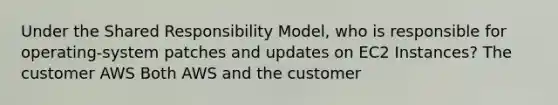 Under the Shared Responsibility Model, who is responsible for operating-system patches and updates on EC2 Instances? The customer AWS Both AWS and the customer