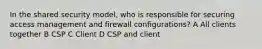 In the shared security model, who is responsible for securing access management and firewall configurations? A All clients together B CSP C Client D CSP and client