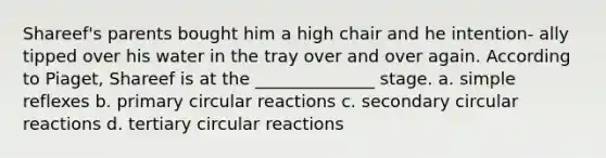 Shareef's parents bought him a high chair and he intention- ally tipped over his water in the tray over and over again. According to Piaget, Shareef is at the ______________ stage. a. simple reflexes b. primary circular reactions c. secondary circular reactions d. tertiary circular reactions