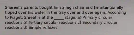 Shareef's parents bought him a high chair and he intentionally tipped over his water in the tray over and over again. According to Piaget, Shreef is at the _____ stage. a) Primary circular reactions b) Tertiary circular reactions c) Secondary circular reactions d) Simple reflexes