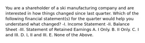 You are a shareholder of a ski manufacturing company and are interested in how things changed since last quarter. Which of the following financial statement(s) for the quarter would help you understand what changed? -I. Income Statement -II. Balance Sheet -III. Statement of Retained Earnings A. I Only. B. II Only. C. I and III. D. I, II and III. E. None of the Above.