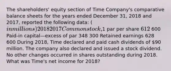 The shareholders' equity section of Time Company's comparative balance sheets for the years ended December 31, 2018 and 2017, reported the following data: (in millions) 2018 2017 Common stock,1 par per share 612 600 Paid-in capital—excess of par 348 300 Retained earnings 628 600 During 2018, Time declared and paid cash dividends of 90 million. The company also declared and issued a stock dividend. No other changes occurred in shares outstanding during 2018. What was Time's net income for 2018?