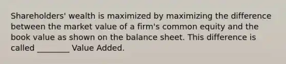 Shareholders' wealth is maximized by maximizing the difference between the market value of a firm's common equity and the book value as shown on the balance sheet. This difference is called ________ Value Added.