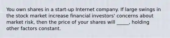 You own shares in a start-up Internet company. If large swings in the stock market increase financial investors' concerns about market risk, then the price of your shares will _____, holding other factors constant.