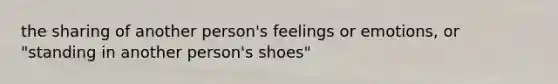 the sharing of another person's feelings or emotions, or "standing in another person's shoes"