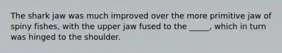 The shark jaw was much improved over the more primitive jaw of spiny fishes, with the upper jaw fused to the _____, which in turn was hinged to the shoulder.