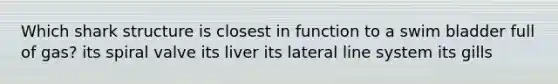 Which shark structure is closest in function to a swim bladder full of gas? its spiral valve its liver its lateral line system its gills