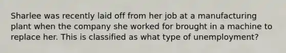 Sharlee was recently laid off from her job at a manufacturing plant when the company she worked for brought in a machine to replace her. This is classified as what type of unemployment?