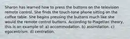 Sharon has learned how to press the buttons on the television remote control. She finds the touch-tone phone sitting on the coffee table. She begins pressing the buttons much like she would the remote control buttons. According to Piagetian theory, this is an example of: a) accommodation. b) assimilation. c) egocentrism. d) centration.