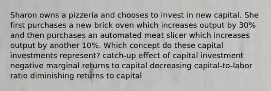 Sharon owns a pizzeria and chooses to invest in new capital. She first purchases a new brick oven which increases output by 30% and then purchases an automated meat slicer which increases output by another 10%. Which concept do these capital investments represent? catch-up effect of capital investment negative marginal returns to capital decreasing capital-to-labor ratio diminishing returns to capital