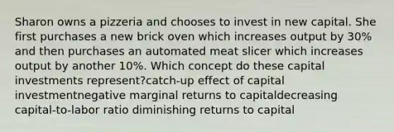 Sharon owns a pizzeria and chooses to invest in new capital. She first purchases a new brick oven which increases output by 30% and then purchases an automated meat slicer which increases output by another 10%. Which concept do these capital investments represent?catch-up effect of capital investmentnegative marginal returns to capitaldecreasing capital-to-labor ratio diminishing returns to capital