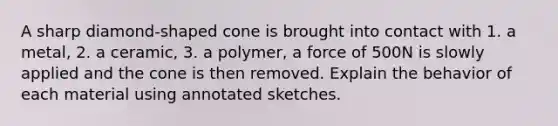 A sharp diamond-shaped cone is brought into contact with 1. a metal, 2. a ceramic, 3. a polymer, a force of 500N is slowly applied and the cone is then removed. Explain the behavior of each material using annotated sketches.