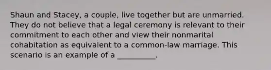 Shaun and Stacey, a couple, live together but are unmarried. They do not believe that a legal ceremony is relevant to their commitment to each other and view their nonmarital cohabitation as equivalent to a common-law marriage. This scenario is an example of a __________.