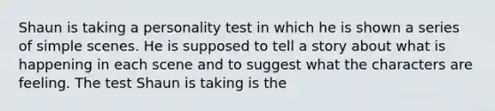 Shaun is taking a personality test in which he is shown a series of simple scenes. He is supposed to tell a story about what is happening in each scene and to suggest what the characters are feeling. The test Shaun is taking is the