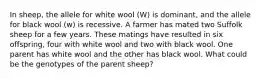 In sheep, the allele for white wool (W) is dominant, and the allele for black wool (w) is recessive. A farmer has mated two Suffolk sheep for a few years. These matings have resulted in six offspring, four with white wool and two with black wool. One parent has white wool and the other has black wool. What could be the genotypes of the parent sheep?