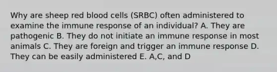 Why are sheep red blood cells (SRBC) often administered to examine the immune response of an individual? A. They are pathogenic B. They do not initiate an immune response in most animals C. They are foreign and trigger an immune response D. They can be easily administered E. A,C, and D