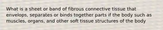 What is a sheet or band of fibrous connective tissue that envelops, separates or binds together parts if the body such as muscles, organs, and other soft tissue structures of the body