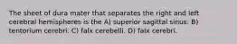 The sheet of dura mater that separates the right and left cerebral hemispheres is the A) superior sagittal sinus. B) tentorium cerebri. C) falx cerebelli. D) falx cerebri.