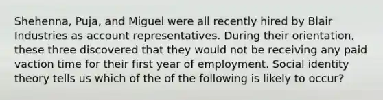 Shehenna, Puja, and Miguel were all recently hired by Blair Industries as account representatives. During their orientation, these three discovered that they would not be receiving any paid vaction time for their first year of employment. <a href='https://www.questionai.com/knowledge/kkiRWgDdhb-social-identity' class='anchor-knowledge'>social identity</a> theory tells us which of the of the following is likely to occur?