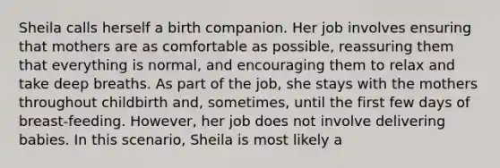 Sheila calls herself a birth companion. Her job involves ensuring that mothers are as comfortable as possible, reassuring them that everything is normal, and encouraging them to relax and take deep breaths. As part of the job, she stays with the mothers throughout childbirth and, sometimes, until the first few days of breast-feeding. However, her job does not involve delivering babies. In this scenario, Sheila is most likely a