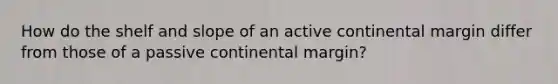 How do the shelf and slope of an active continental margin differ from those of a passive continental margin?