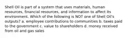 Shell Oil is part of a system that uses materials, human resources, financial resources, and information to affect its environment. Which of the following is NOT one of Shell Oil's outputs? a. employee contributions to communities b. taxes paid to the government c. value to shareholders d. money received from oil and gas sales