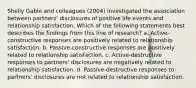 Shelly Gable and colleagues (2004) investigated the association between partners' disclosures of positive life events and relationship satisfaction. Which of the following statements best describes the findings from this line of research? a. Active-constructive responses are positively related to relationship satisfaction. b. Passive-constructive responses are positively related to relationship satisfaction. c. Active-destructive responses to partners' disclosures are negatively related to relationship satisfaction. d. Passive-destructive responses to partners' disclosures are not related to relationship satisfaction.